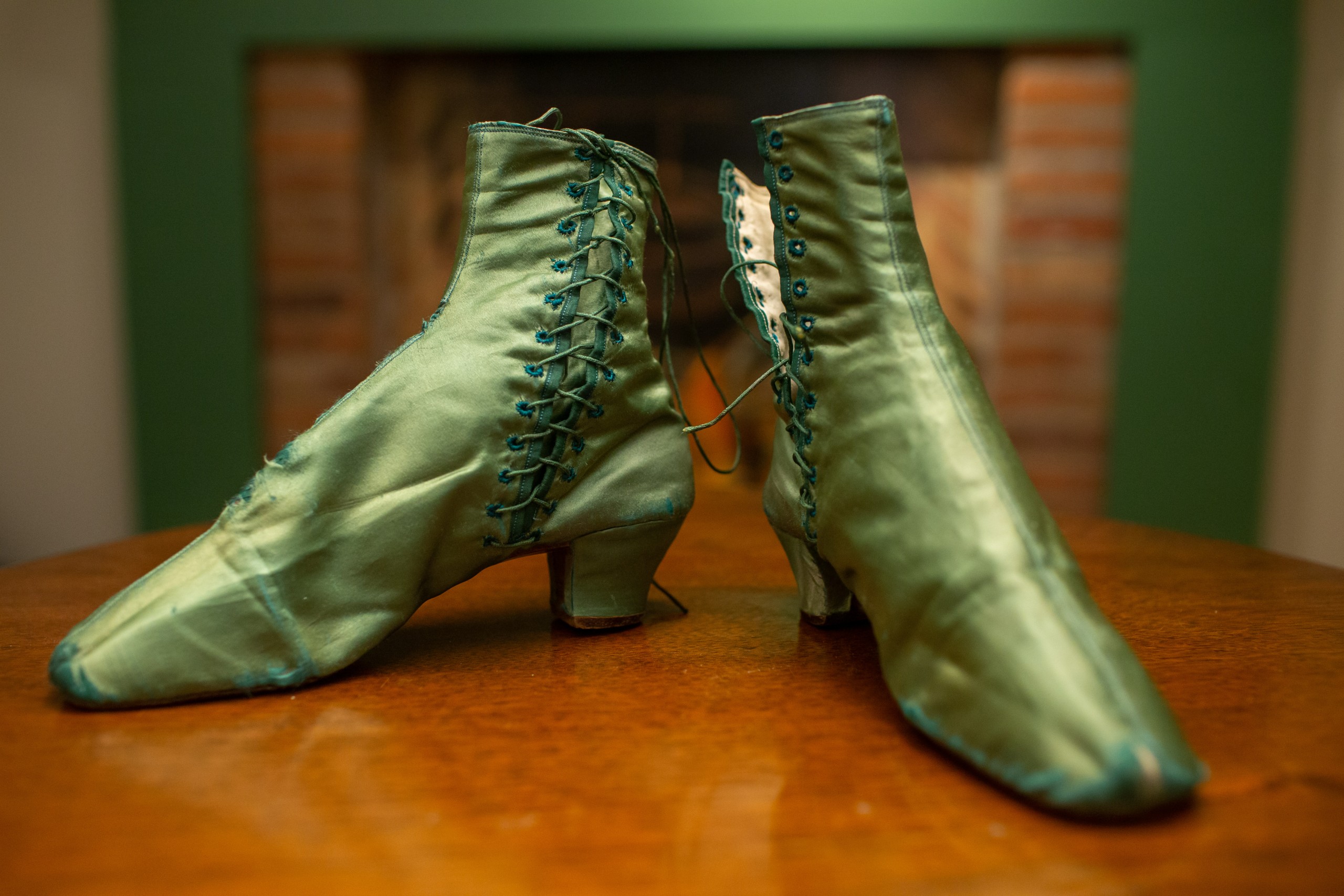 A pair of women's shoes from the Susan Greene Costume Collection on display at the Genesee Country Village and Museum in NY