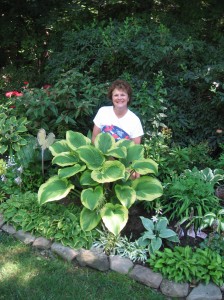 Marcia Sully among her huge hosta collection.