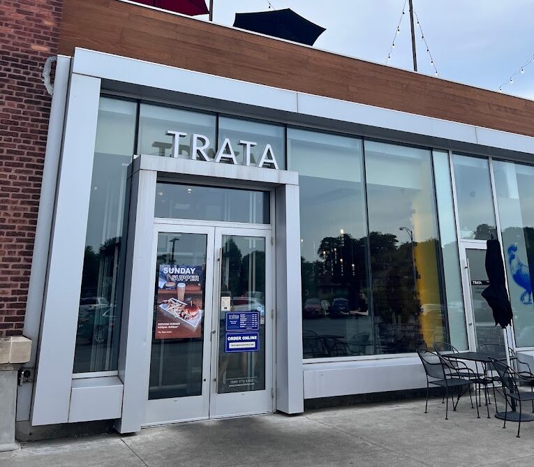 View of the front entrance to Trata restaurant at Culver Road Armory in Rochester NY