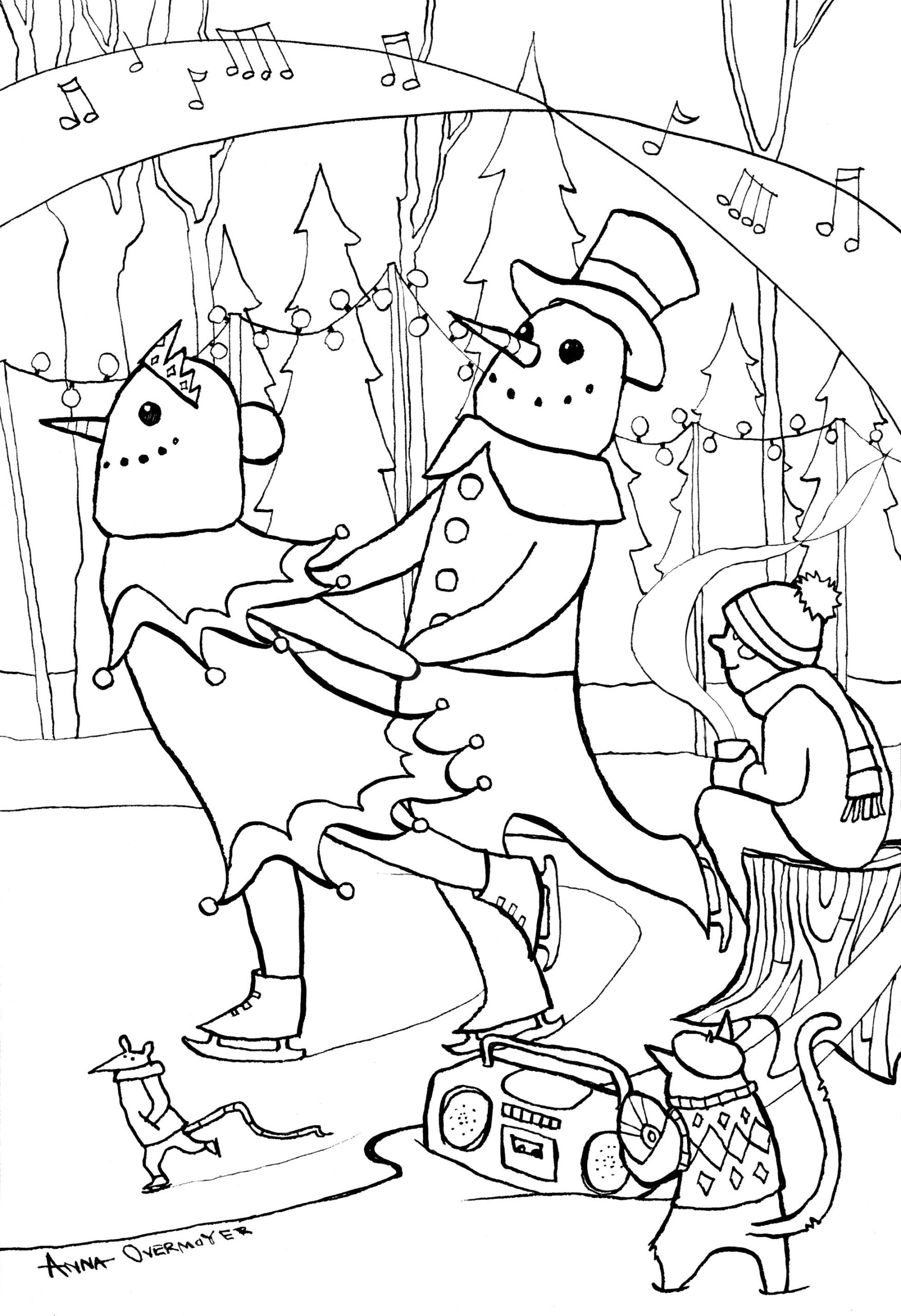 Illustration by Anna Overmoyer of a snowman and snow-woman ice skating with mice while a stereo plays music and a little boy watching.