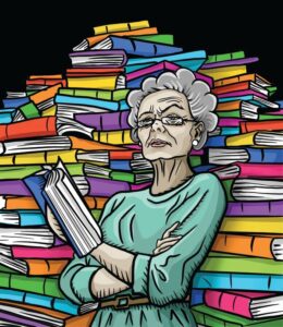 Illustration of an older librarian in front of a pile of colorful books