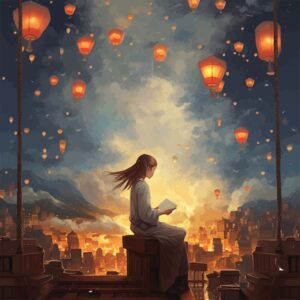 Illustration of a young girl reading with a city on fire in front of her and several lanterns floating in the sky around her at night with a calm energy.