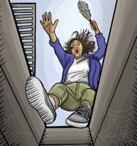Illustration of a woman comedically falling down the stairs.