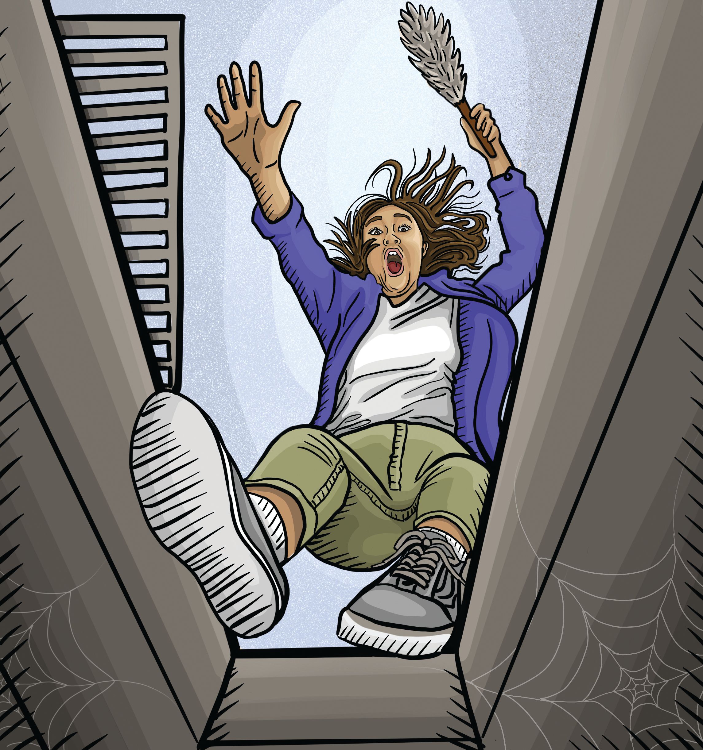 Illustration of a woman comedically falling down the stairs.