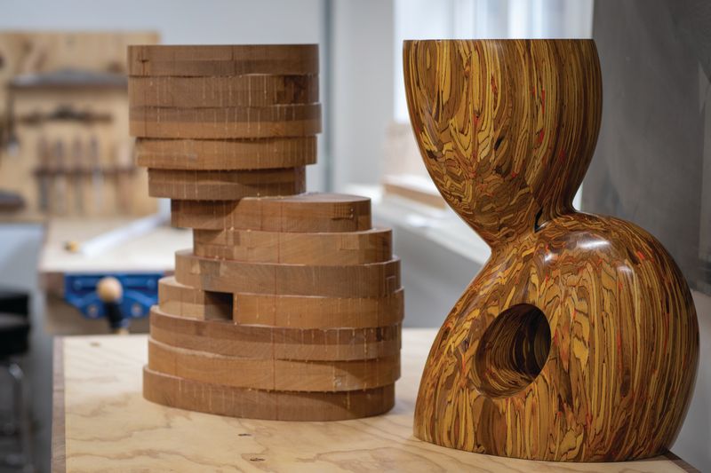 Two wooden sculptures at the Wendell Castle Workshop in Rochester, N.Y.