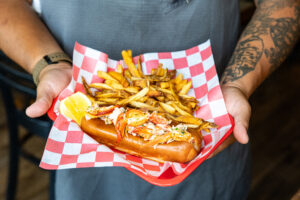 Lobster roll on brioche with lemon aioli, herbed butter, and frites at Angelina's in Rochester, N.Y.